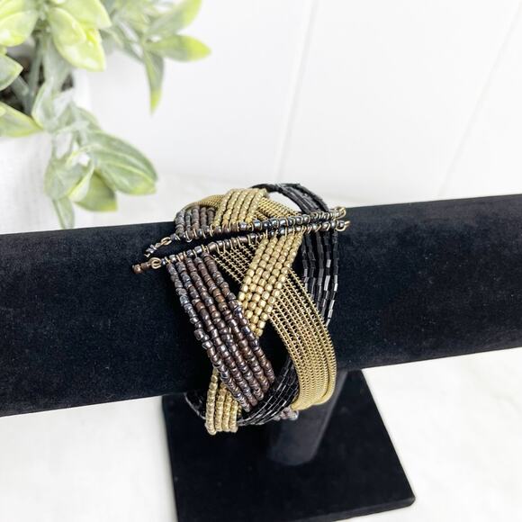 Metallic Tones Criss Cross Beaded Cuff Bracelet - Picture 4 of 6